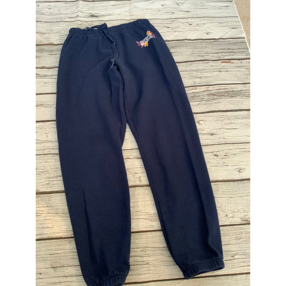 Victoria Secret PINK Navy Blue Floral Logo Fleece Jogger Sweatpants Womens Small